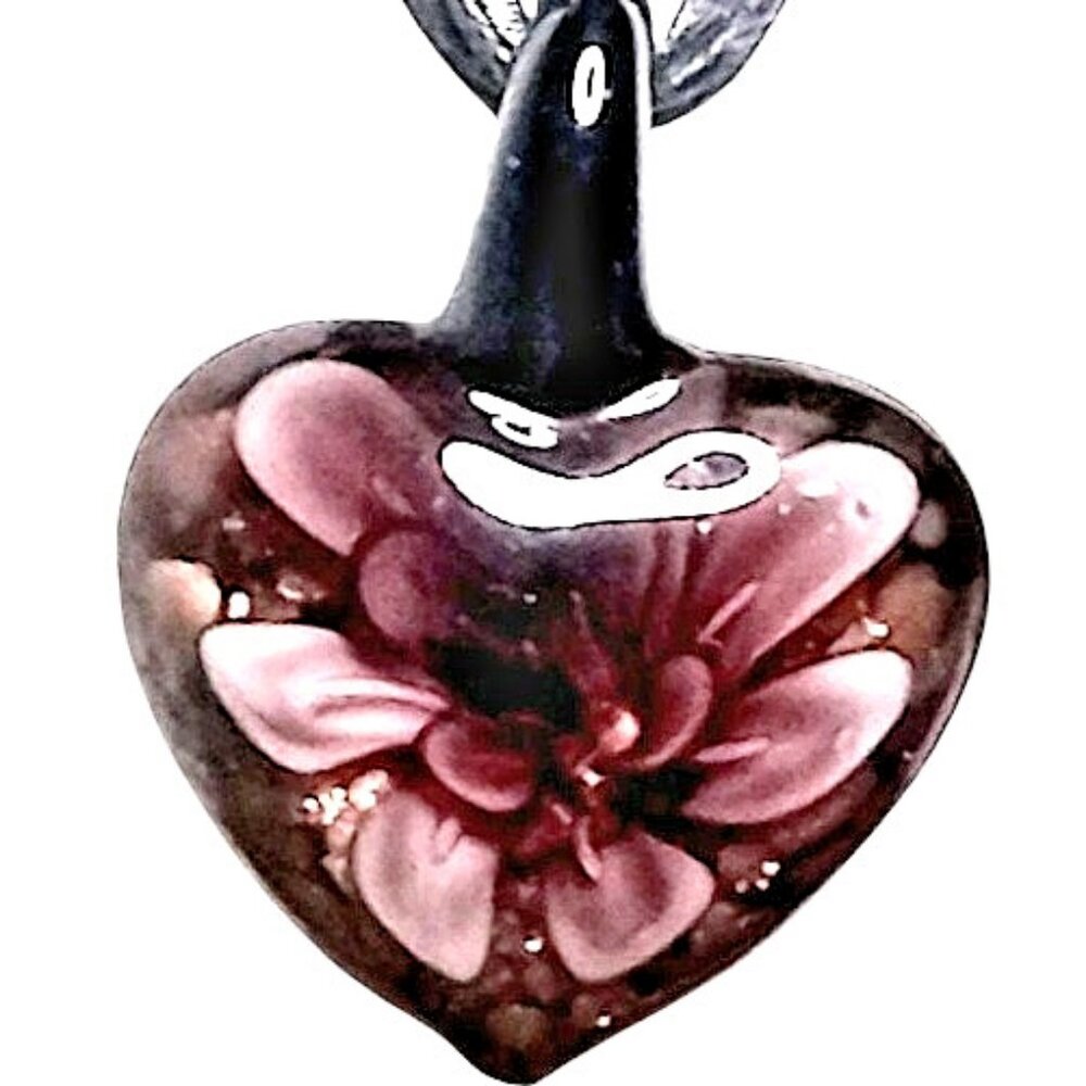 Vintage Flower Glass Art Heart Pendant Necklace Black Chiffon Ribbon Murano Type